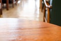 Wooden circle table top and blur cafe background