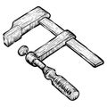 Wooden Clamp icon in sketch style. Woodworking tool vector illustration.
