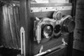 Wooden classic retro camera, Black and white image Royalty Free Stock Photo