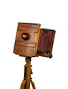 Wooden classic retro camera on tripod Royalty Free Stock Photo