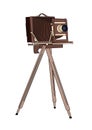 Wooden classic retro camera on tripod. Royalty Free Stock Photo