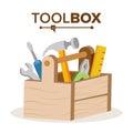 Wooden Classic Toolbox Vector. Full Of Equipment. Flat Cartoon Isolated Illustration