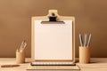 Wooden clipboard mockup with notebooks and pencils holder on a wooden table. Home office with office supplies. Generative AI