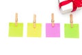 Wooden clips,Clothespin Sticky notes and White gift box isolate on white background concepts Royalty Free Stock Photo