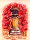 Entrance door in red flowers.