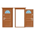 Wooden closed and open entrance door with frame