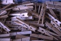 Wooden clothes pegs in morning sun close up Royalty Free Stock Photo