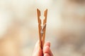 Wooden clothespin pegs for hanging photos and decorations, close up Royalty Free Stock Photo