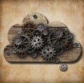 Wooden cloud with rusty gears on grunge background