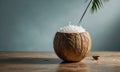 wooden coconut shell filled with white coconut flakes rests on wooden surface, accompanied by small brown Royalty Free Stock Photo