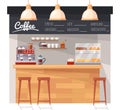 Wooden coffee counter. Empty cafeteria interior, coffe bar shop of tea mug cacao drink or bakery deserts, espresso Royalty Free Stock Photo