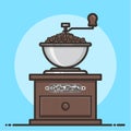 Wooden coffee grinder with coffee beans. Flat design. Royalty Free Stock Photo