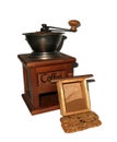 Wooden coffee grinder with cookies on white background.