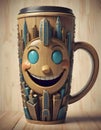 Wooden coffee mug with metal accents and a smiley face on an antique background, Generative AI