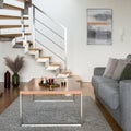 Wooden coffee table in living room with stairs Royalty Free Stock Photo