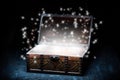 Wooden coffer with white sparkling lights