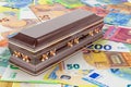 Wooden coffin on the euro background, 3D rendering