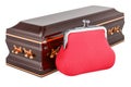 Wooden coffin with purse coin, 3D rendering