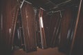 Wooden coffins in the dark room Royalty Free Stock Photo