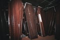 Wooden coffins in the dark room Royalty Free Stock Photo
