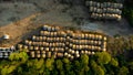 Wooden Coils of Electrical wires at outdoor construction site. High voltage cable roll