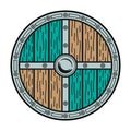 Wooden colored round Viking shield with runic symbols and iron border. Vintage vector color illustration, hand drawn. Isolated on