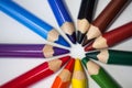 Wooden colorful crayons pencils in circle on white background Royalty Free Stock Photo