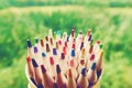 Wooden colorful pencils on a green garden background Royalty Free Stock Photo