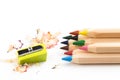 Wooden colorful pencils on a white background, pencil sharpeners Royalty Free Stock Photo