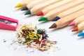 Wooden colorful pencils isolated on a white background, pencil sharpeners Royalty Free Stock Photo