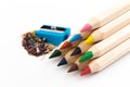 Wooden colorful pencils isolated on a white background, pencil sharpeners Royalty Free Stock Photo