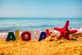 Wooden colorful word 'Aloha' on the sand