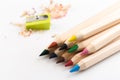 Wooden colorful pencils isolated on a white background, pencil sharpeners Royalty Free Stock Photo