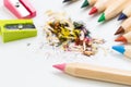 Wooden colourful pencils isolated on a white background, pencil sharpeners Royalty Free Stock Photo