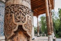 Wooden column with carved oriental pattern Uzbek ornament in Museum of Victims of Political Repression in Tashkent in