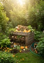 Wooden Compost Bin in a Lush Garden with Sunlight Royalty Free Stock Photo