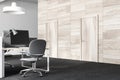 Wooden concrete open space workplace side closeup Royalty Free Stock Photo