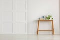 Wooden console table with books and plant in pot on empty white wall