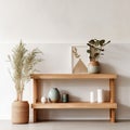 Wooden console table near white wall. Storage organization for home. Interior design of modern living room. Created with Royalty Free Stock Photo