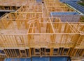 Wooden construction new residential home beam framing Royalty Free Stock Photo