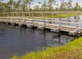 A wooden construction walking bridge in the middle of the swamp. View of the beautiful nature in the swamp - a pond, conifers, Royalty Free Stock Photo