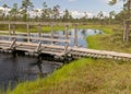 A wooden construction walking bridge in the middle of the swamp. View of the beautiful nature in the swamp - a pond, conifers, Royalty Free Stock Photo