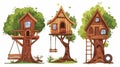 Wooden constructions with ladder and tyre swing for kids summer time recreation, games and activities, forest camp Royalty Free Stock Photo