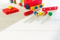 Wooden constructor with screwdriver and screw for early children`s education. Copy space