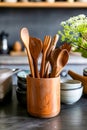 Wooden container holding several spoons and fork. Generative AI Royalty Free Stock Photo