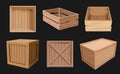 Wooden containers. 3d boxes for fragile products empty packages various views cargo shipping wooden containers decent