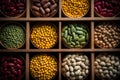 Wooden containers holding assorted beans, viewed from above