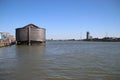 Wooden copy of Noah`s Ark in the harbor of Krimpen aan den IJssel, heavy damaged by winterstorm Royalty Free Stock Photo