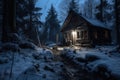 Wooden Cottage, Chalet, Shack. winter night fantasy forest. Christmas season landscape. Wooden hut.