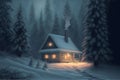 Wooden cottage covered with snow in winter forest at night, cozy